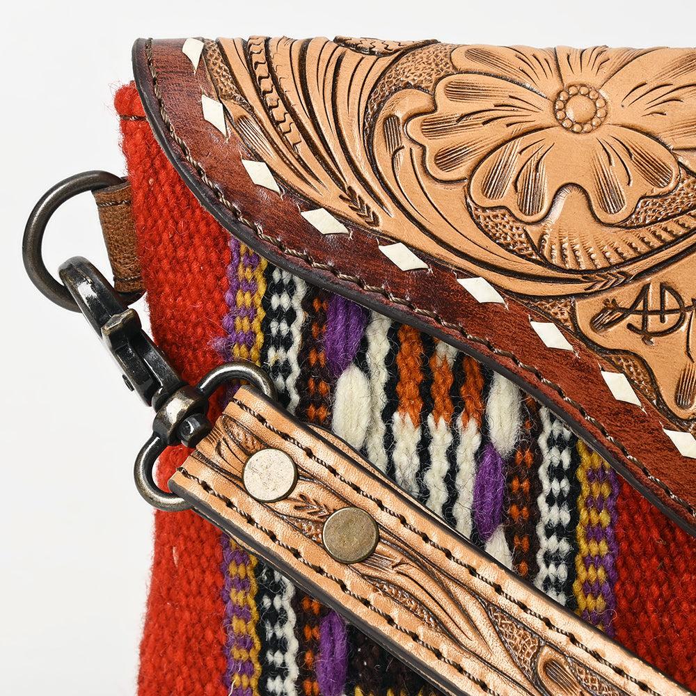 American Darling Wristlet Hand Tooled Upcycled Wool Genuine Leather