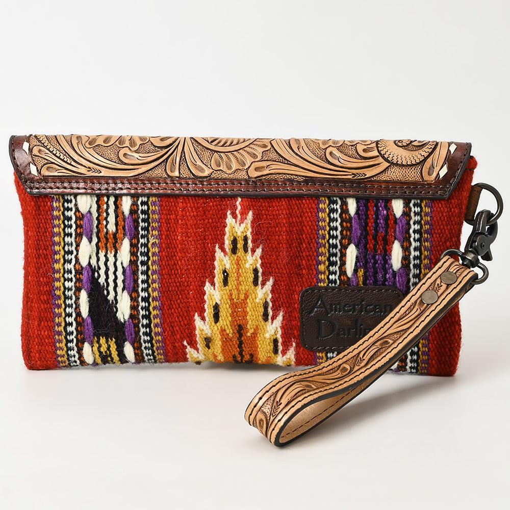 American Darling Wristlet Hand Tooled Upcycled Wool Genuine Leather