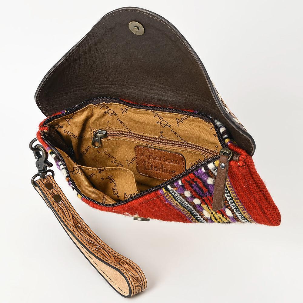 American Darling Wristlet Hand Tooled Upcycled Wool Genuine Leather