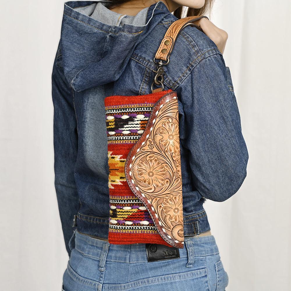 American Darling Wristlet Hand Tooled Upcycled Wool Genuine Leather