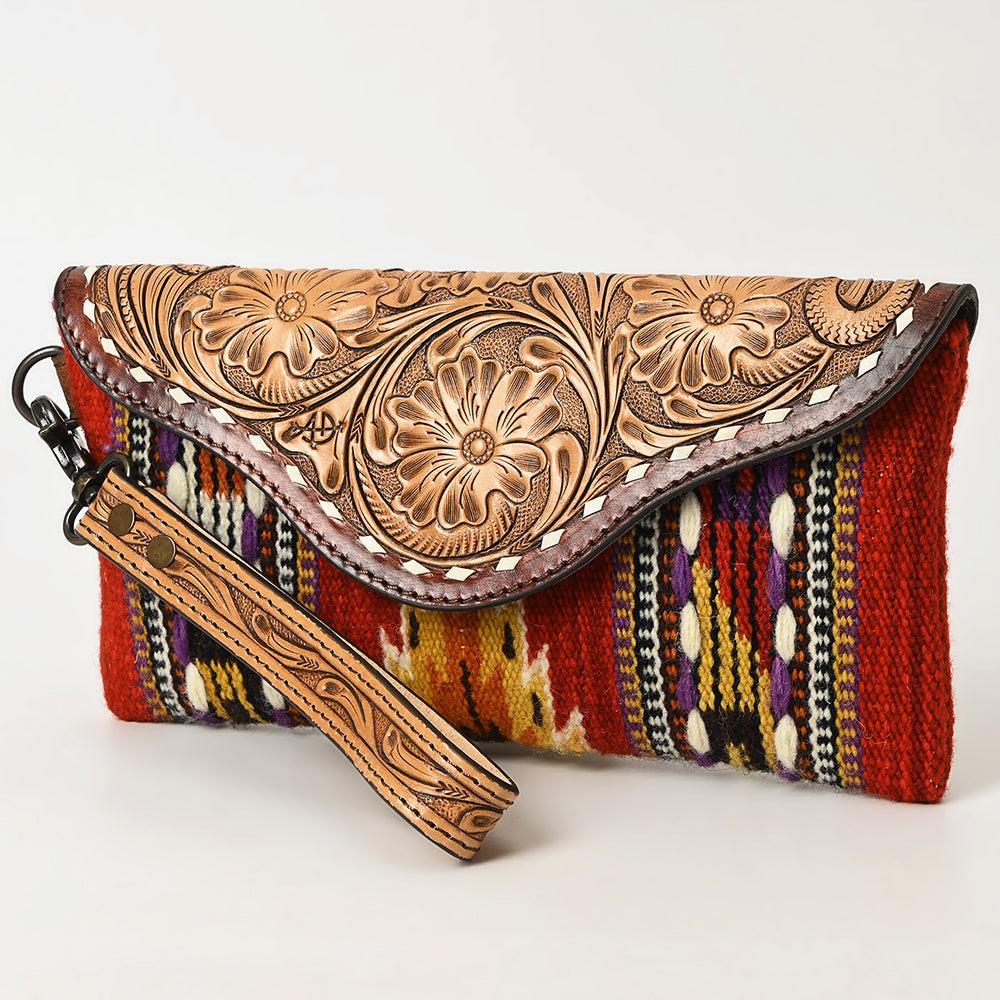 American Darling Wristlet Hand Tooled Upcycled Wool Genuine Leather