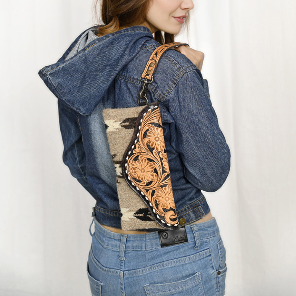 American Darling Hand Tooled Leather Western Wristlet Bag with Floral Carved Flap and Hand Woven Saddle Blanket 6in (H) X 11in (W)