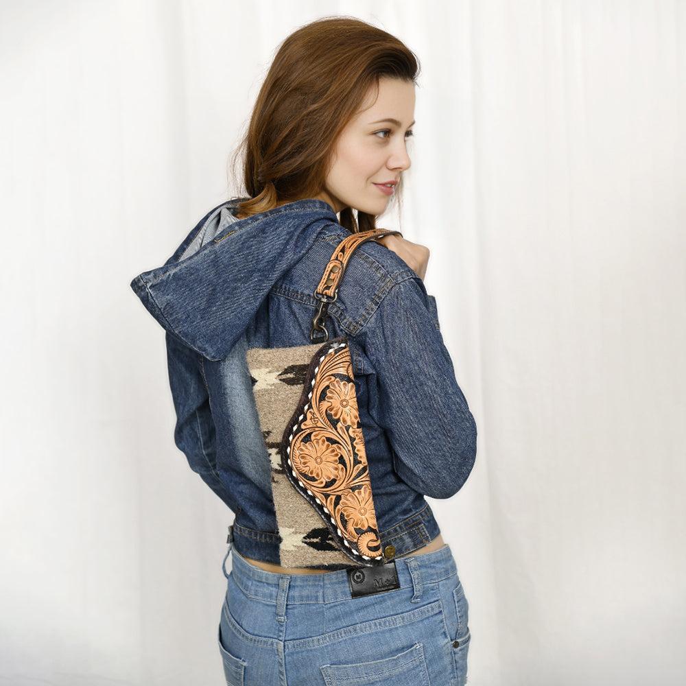 American Darling Wristlet Hand Tooled Upcycled Wool Genuine Leather