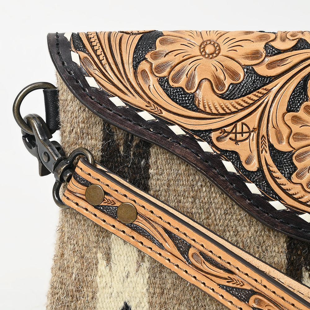 American Darling Wristlet Hand Tooled Upcycled Wool Genuine Leather
