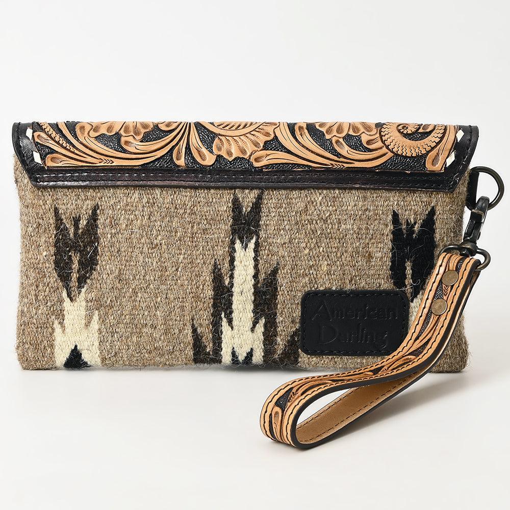American Darling Wristlet Hand Tooled Upcycled Wool Genuine Leather
