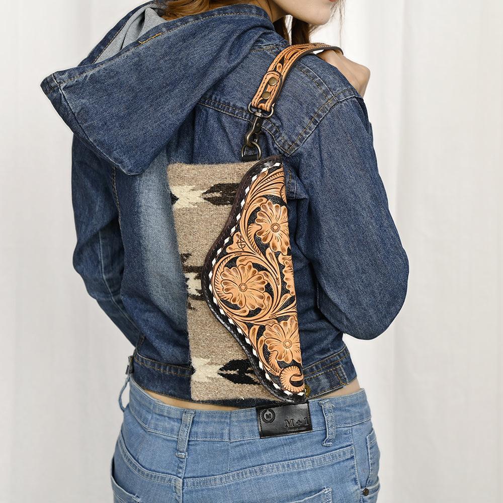 American Darling Wristlet Hand Tooled Upcycled Wool Genuine Leather