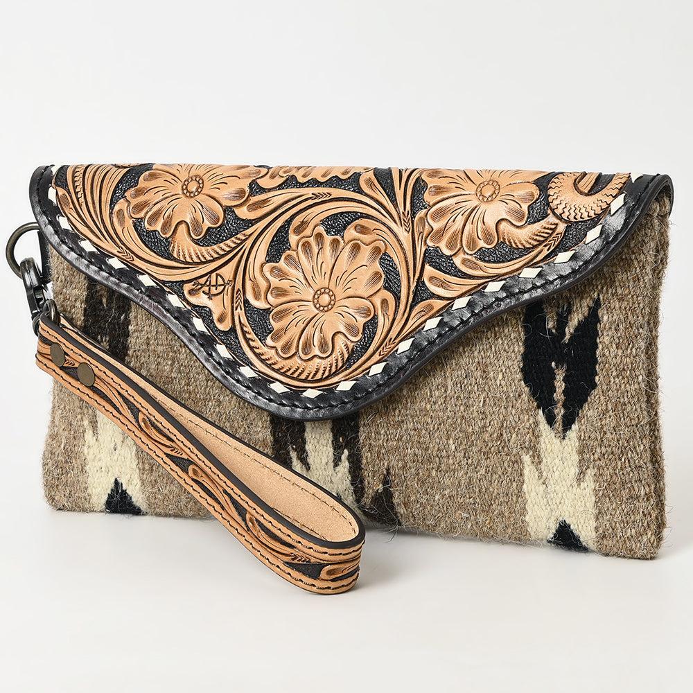 American Darling Wristlet Hand Tooled Upcycled Wool Genuine Leather