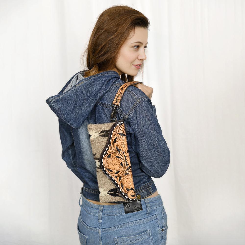 American Darling Wristlet Hand Tooled Upcycled Wool Genuine Leather