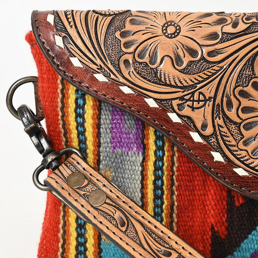 American Darling Wristlet Hand Tooled Upcycled Wool Genuine Leather