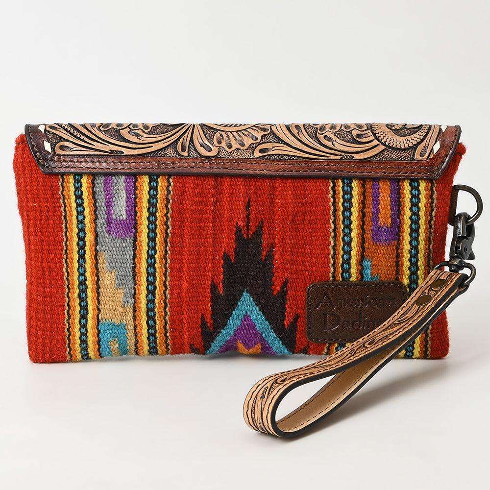American Darling Wristlet Hand Tooled Upcycled Wool Genuine Leather