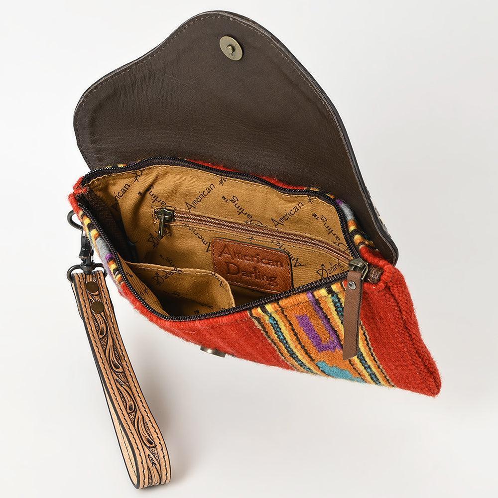 American Darling Wristlet Hand Tooled Upcycled Wool Genuine Leather