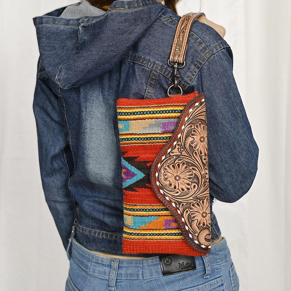 American Darling Wristlet Hand Tooled Upcycled Wool Genuine Leather