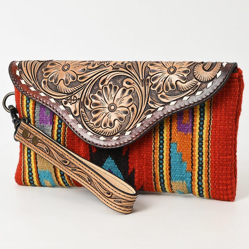 American Darling Wristlet Hand Tooled Upcycled Wool Genuine Leather