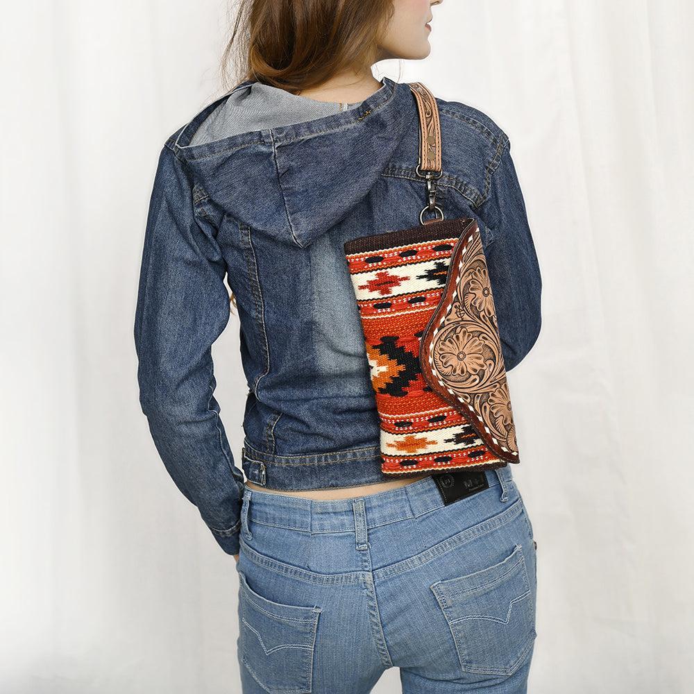American Darling Wristlet Hand Tooled Upcycled Wool Genuine Leather