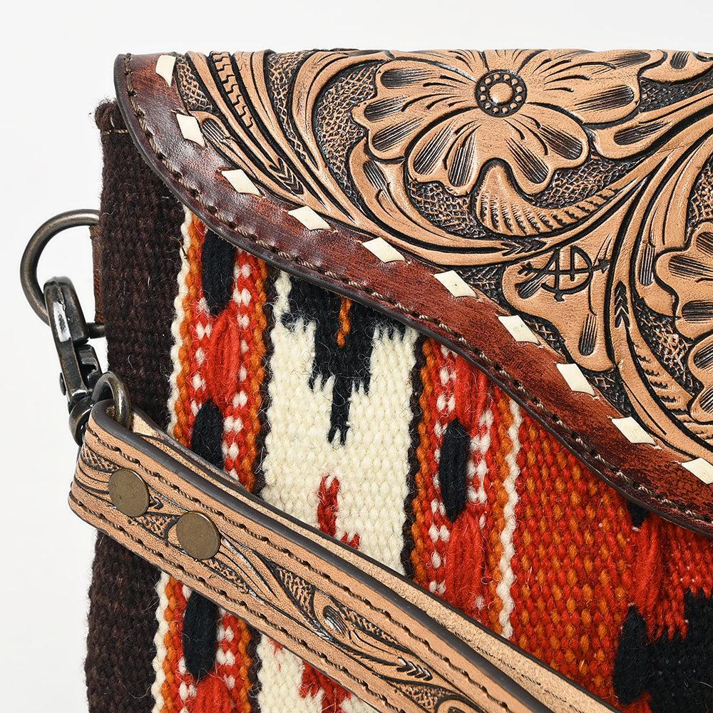 American Darling Wristlet Hand Tooled Upcycled Wool Genuine Leather