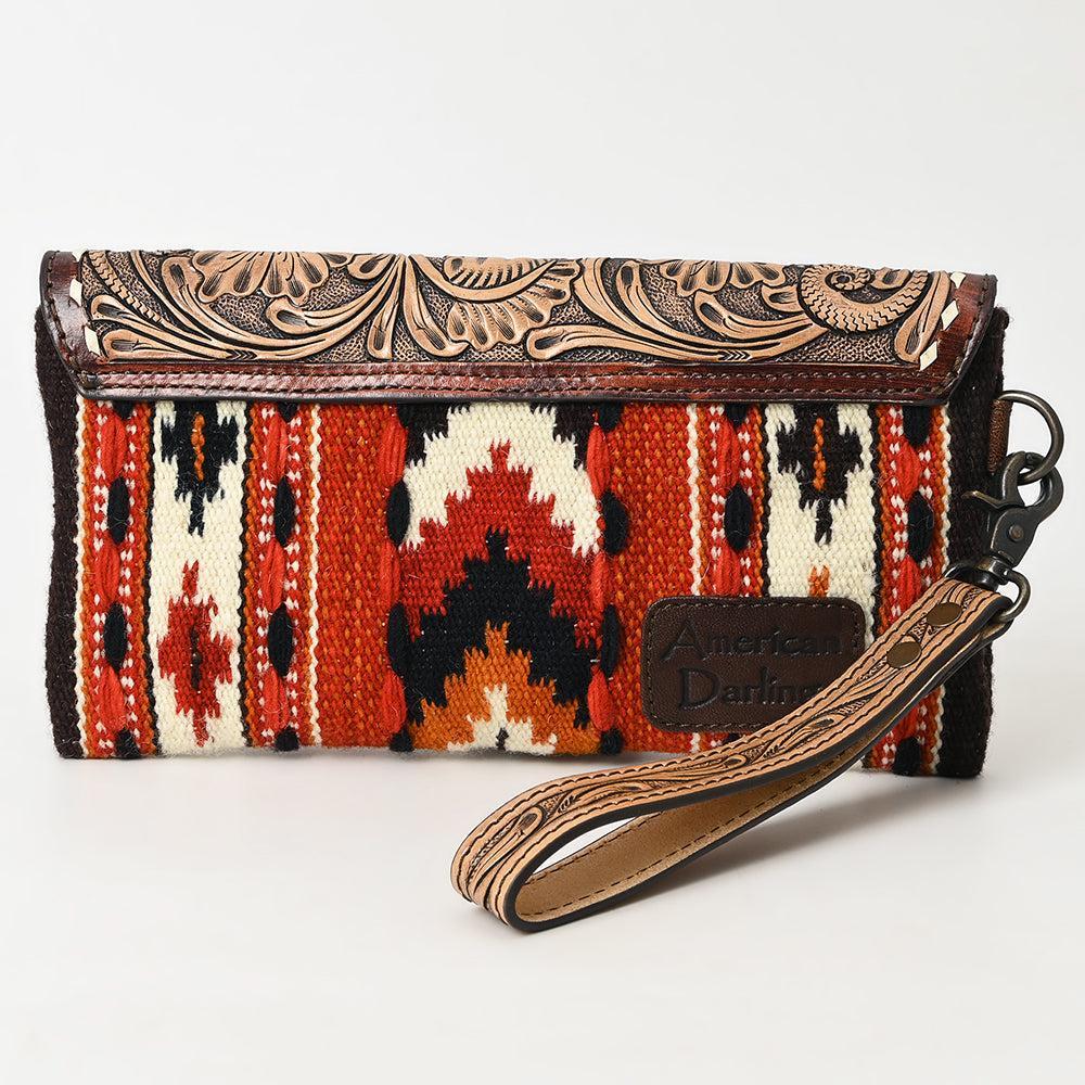 American Darling Wristlet Hand Tooled Upcycled Wool Genuine Leather