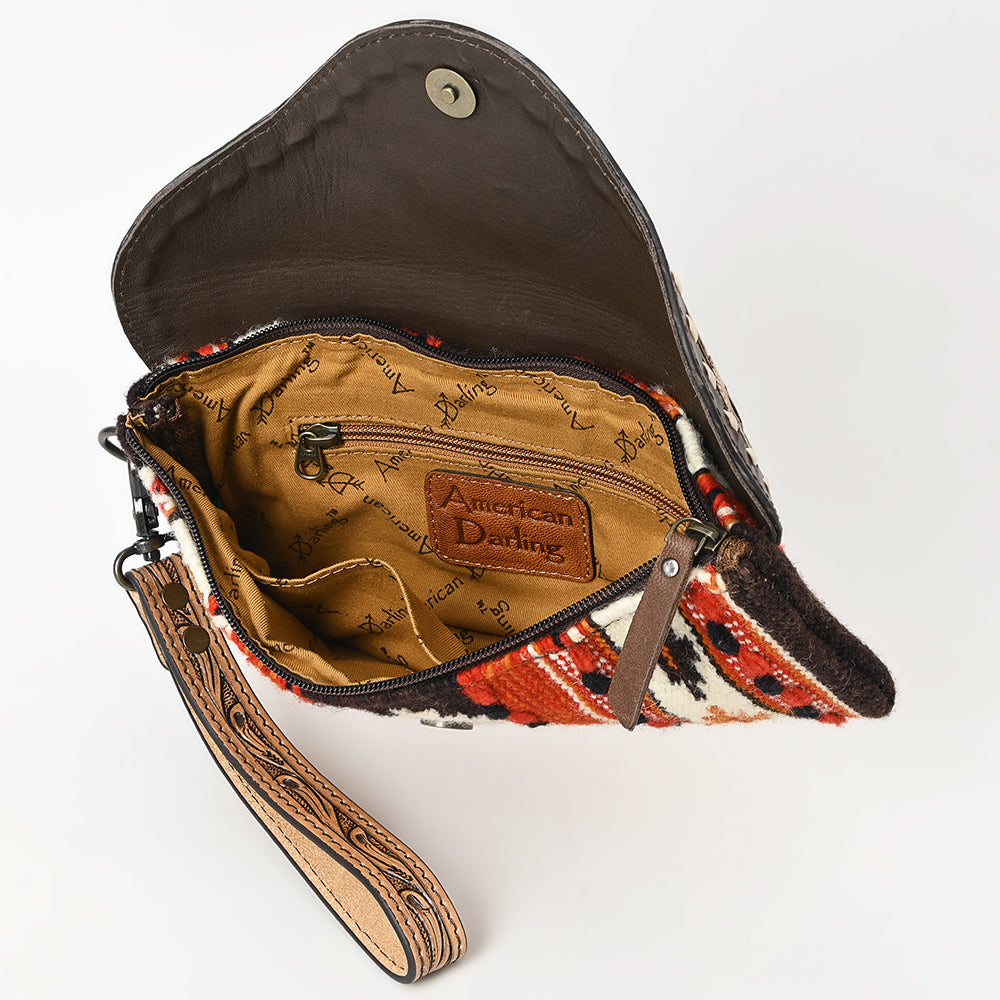 American Darling Hand Tooled Leather Western Wristlet Bag with Floral Carved Flap and Hand Woven Saddle Blanket 6in (H) X 11in (W)
