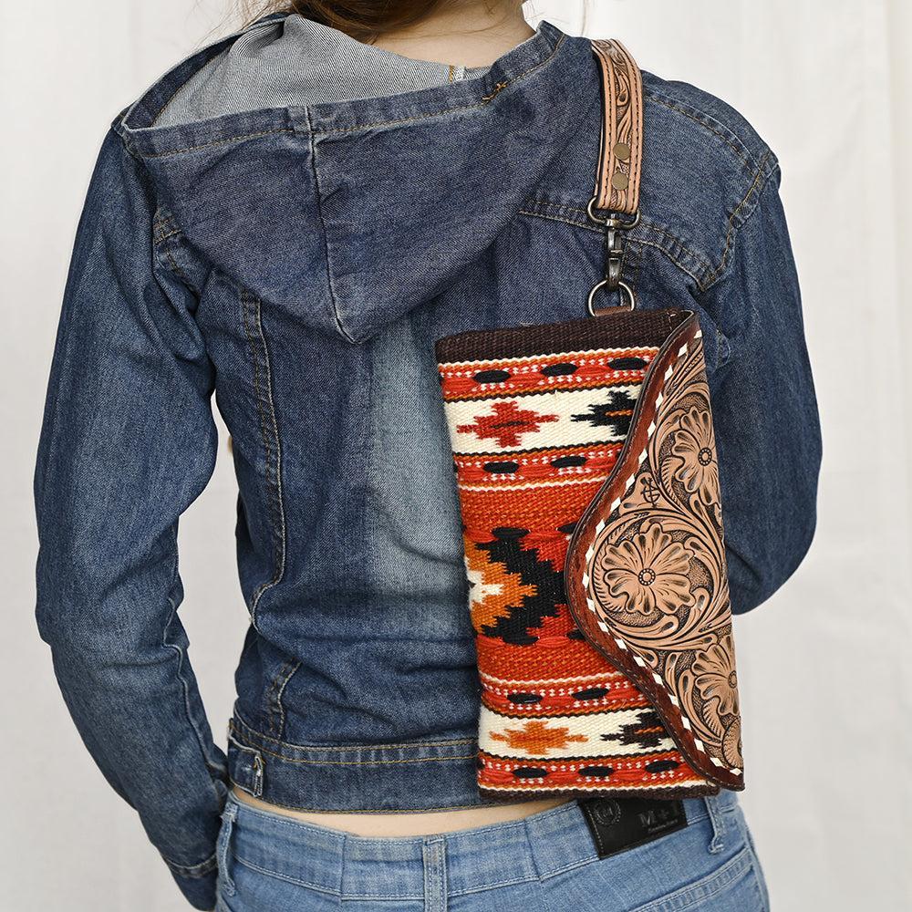 American Darling Wristlet Hand Tooled Upcycled Wool Genuine Leather