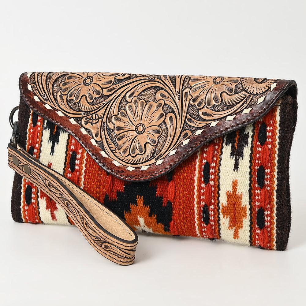American Darling Wristlet Hand Tooled Upcycled Wool Genuine Leather