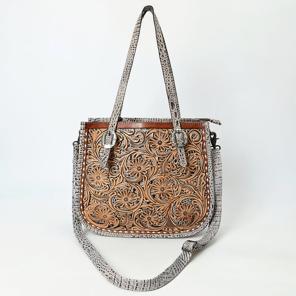 American Darling Western Tote Bag – Hand-Tooled Floral Leather Front, Croc-Embossed Back, Premium Genuine Leather, Everyday Carry