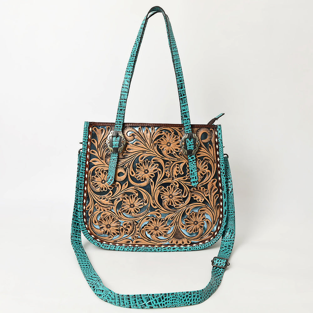 American Darling Western Tote Bag – Hand-Tooled Floral Leather Front, Croc-Embossed Back, Premium Genuine Leather, Everyday Carry