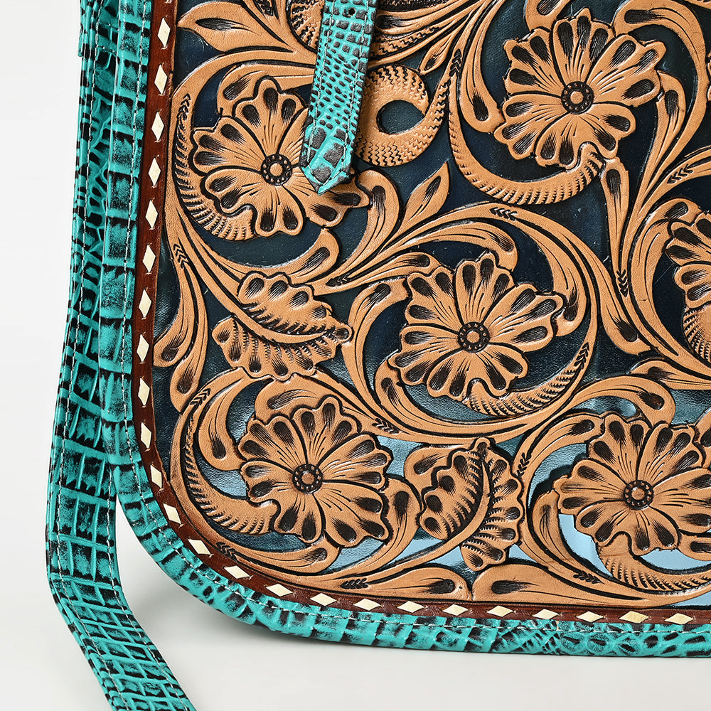 American Darling Western Tote Bag – Hand-Tooled Floral Leather Front, Croc-Embossed Back, Premium Genuine Leather, Everyday Carry