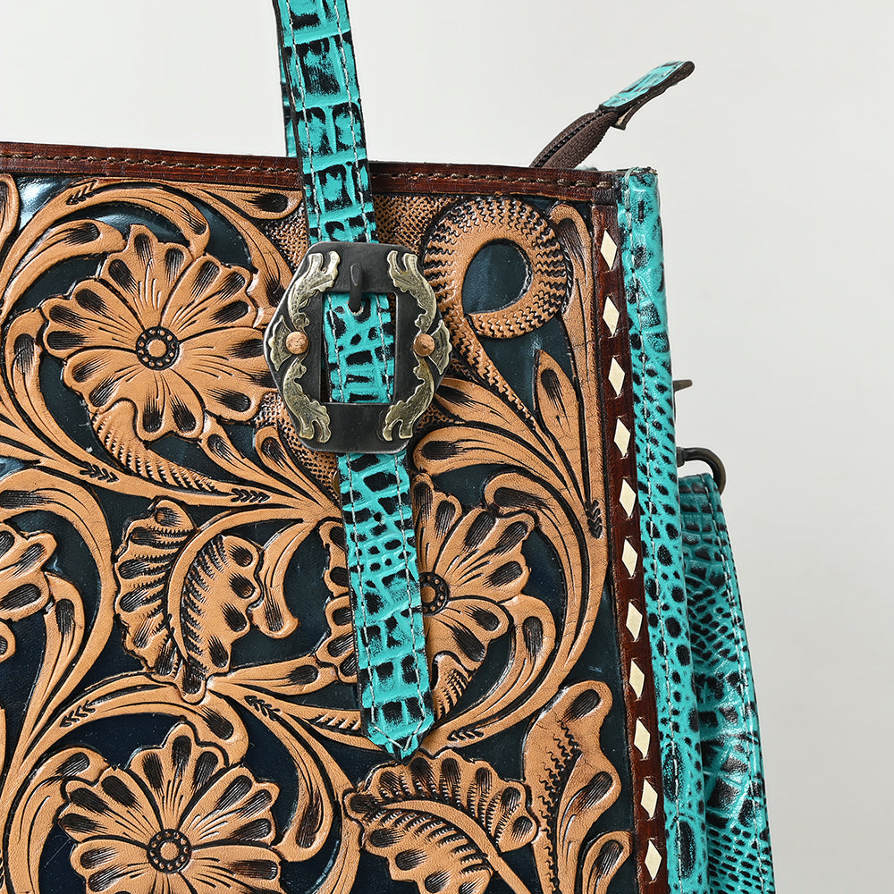 American Darling Western Tote Bag – Hand-Tooled Floral Leather Front, Croc-Embossed Back, Premium Genuine Leather, Everyday Carry