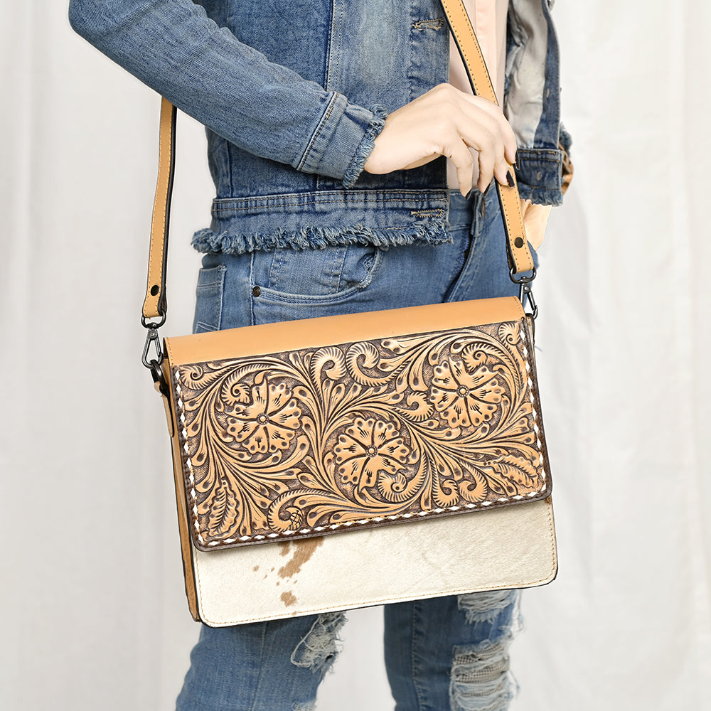 American Darling Hand-Tooled Hair-On Genuine Leather Crossbody Bag