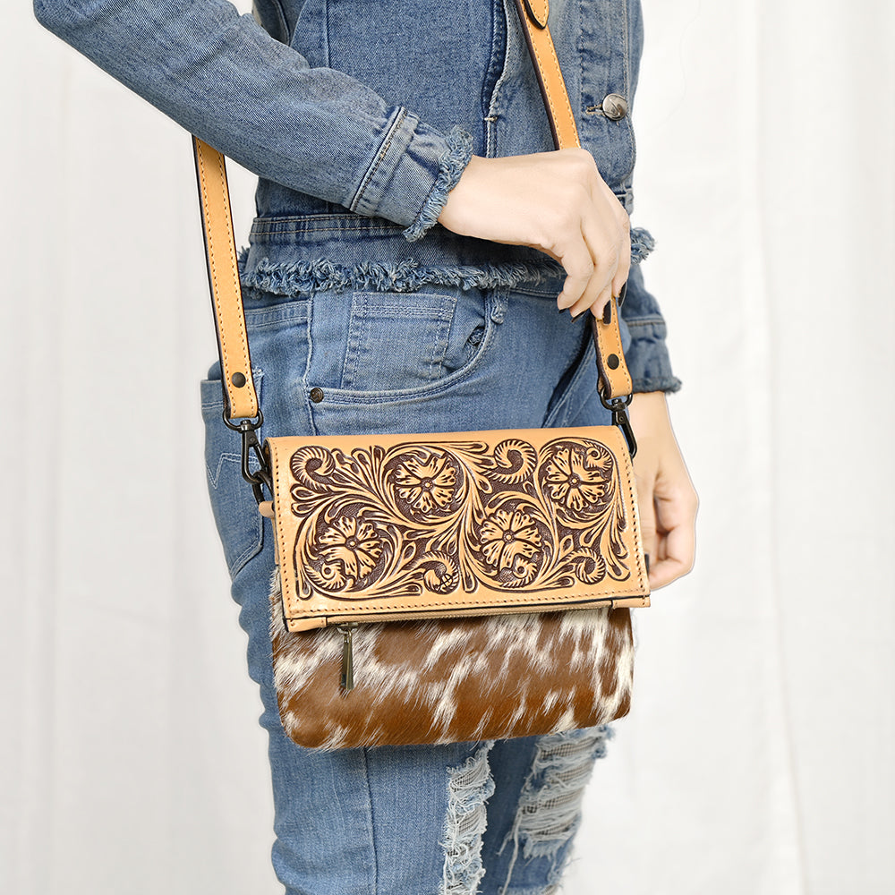 American Darling Hand-Tooled Hair-On Genuine Leather Crossbody Bag