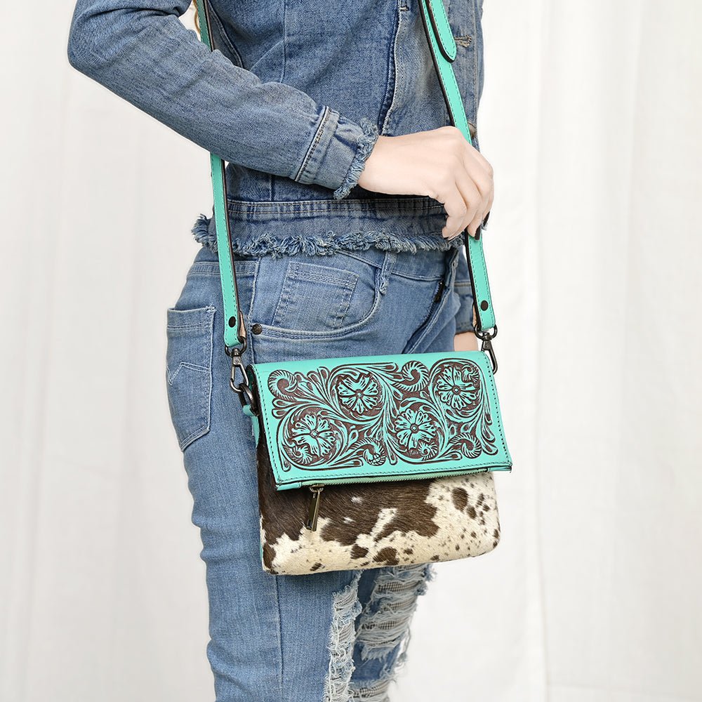 American Darling Hand-Tooled Hair-On Genuine Leather Crossbody Bag