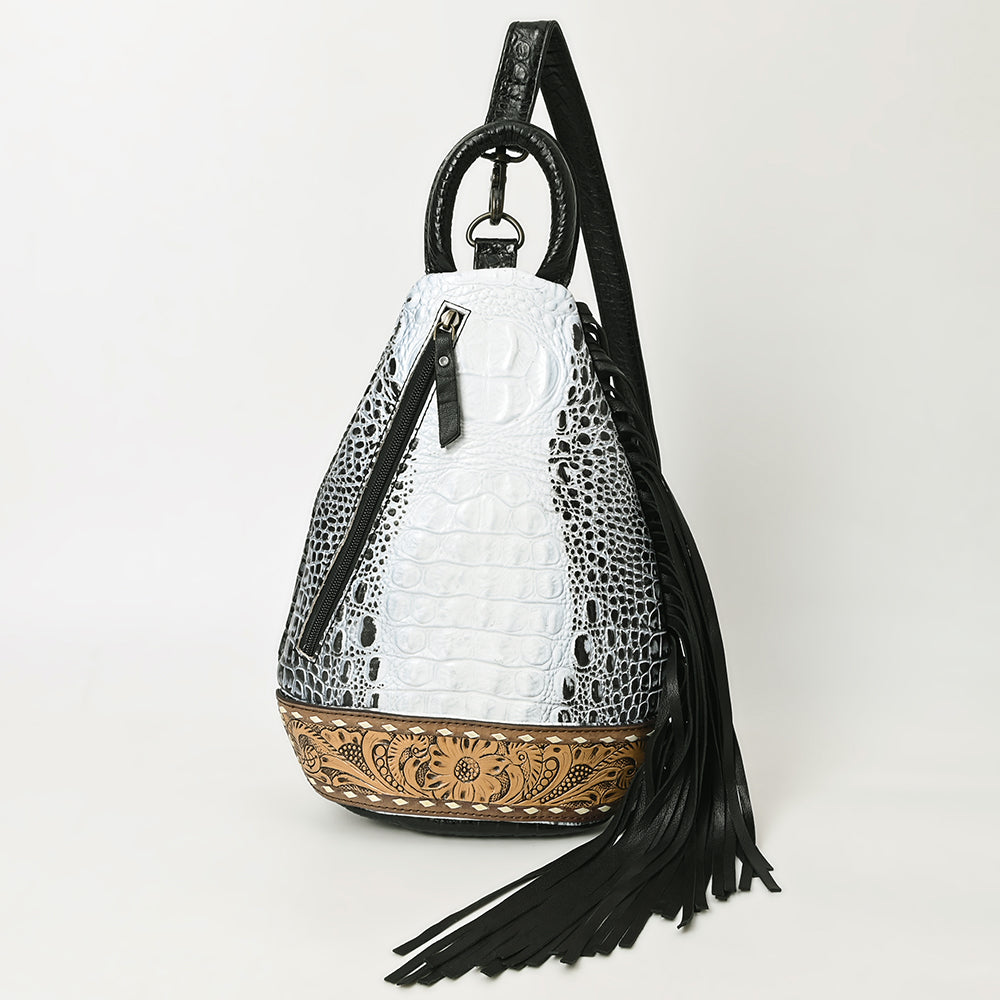 American Darling Sling Bag Handcrafted from Crocodile Embossed Leather | Hand-Tooled Floral Base, Long Fringe & Multi-Pocket Design