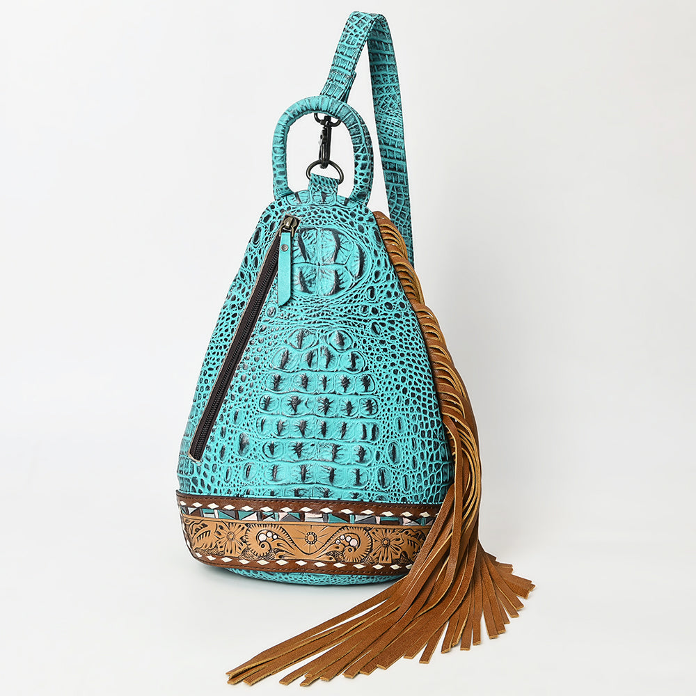 American Darling Sling Bag Handcrafted from Crocodile Embossed Leather | Hand-Tooled Floral Base, Long Fringe & Multi-Pocket Design
