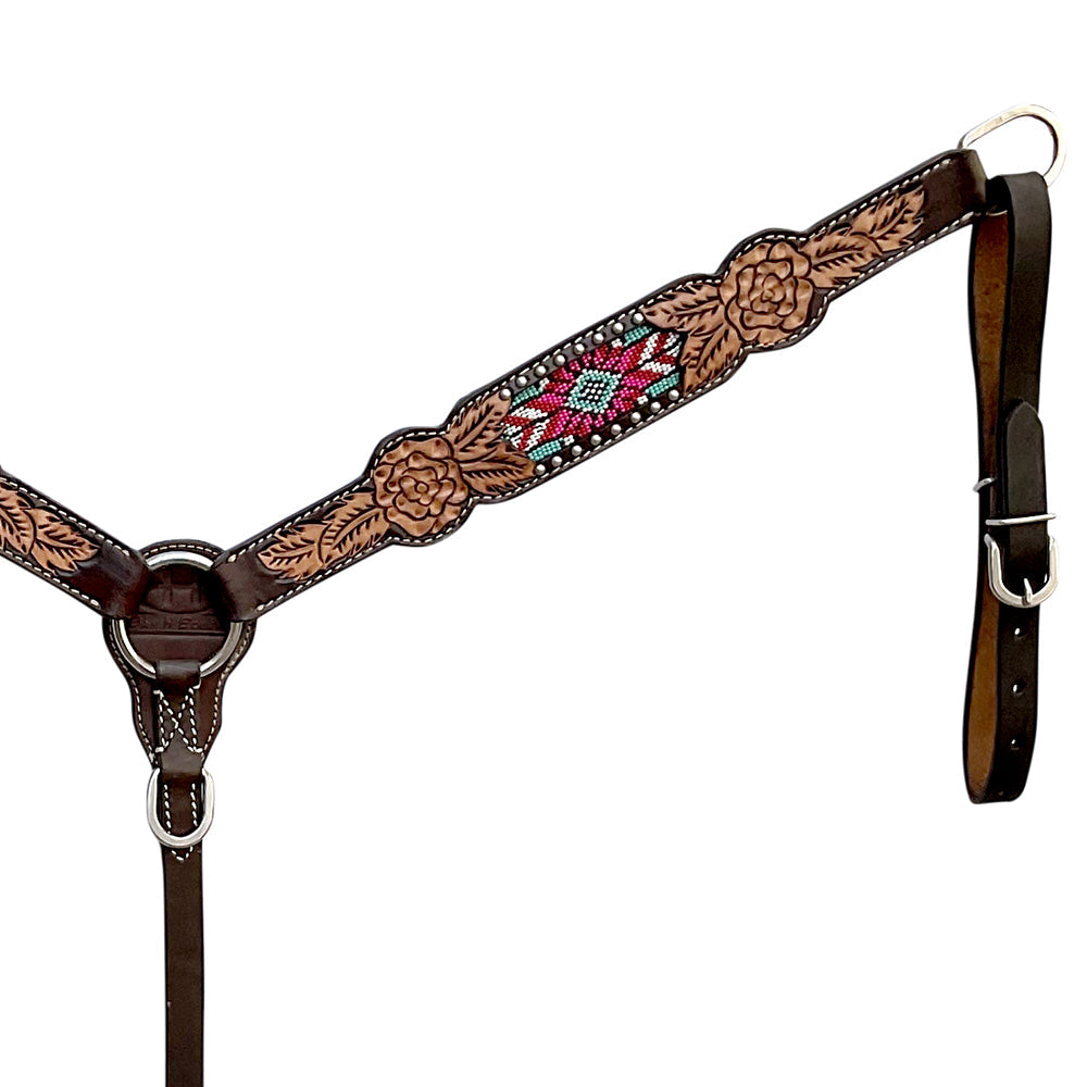 Bar H Equine Western Leather Horse Tack Set Floral Carved Beeded Inlay
