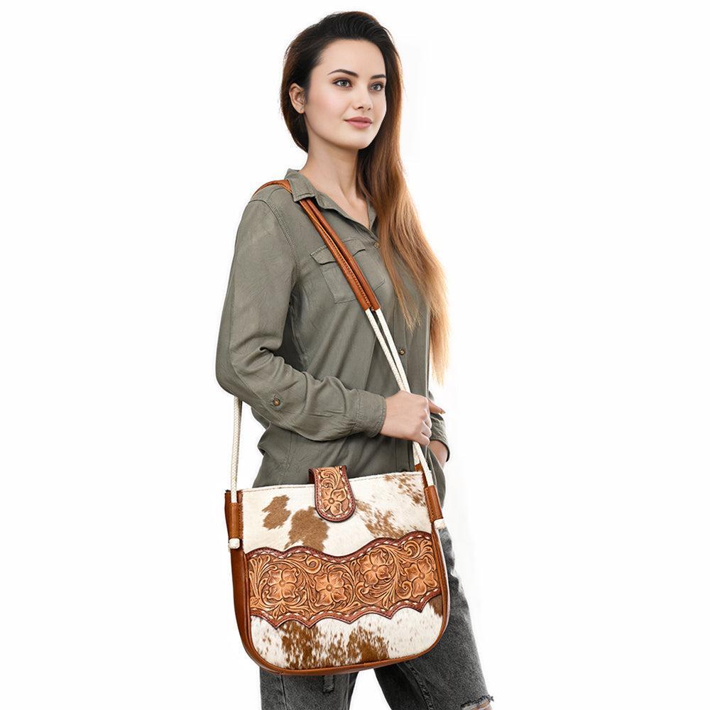 American Darling Hand-Tooled Hair-On Genuine Leather Crossbody Bag