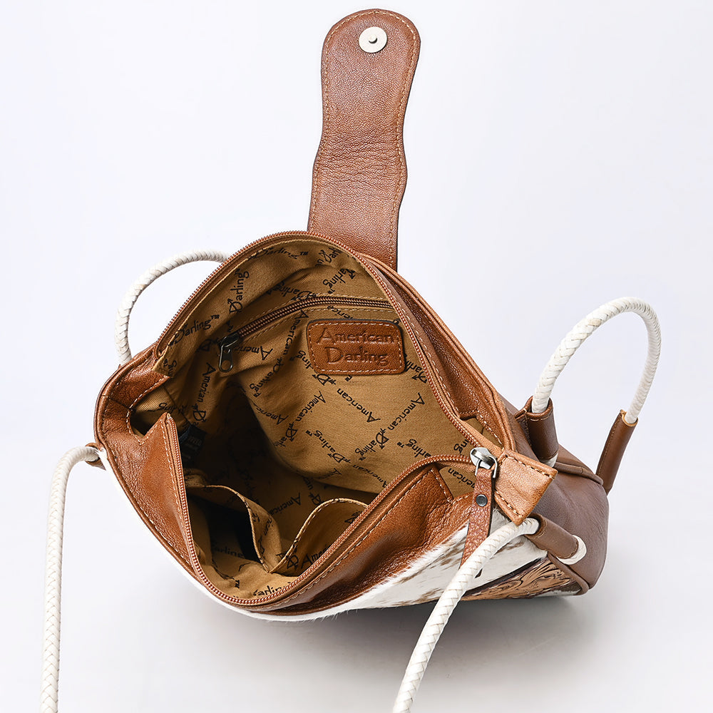 American Darling Cross Body Bag Handcrafted from Hair-On Cowhide & Hand-Tooled Genuine Leather | Floral Carved Accent & Buckstitch Detail