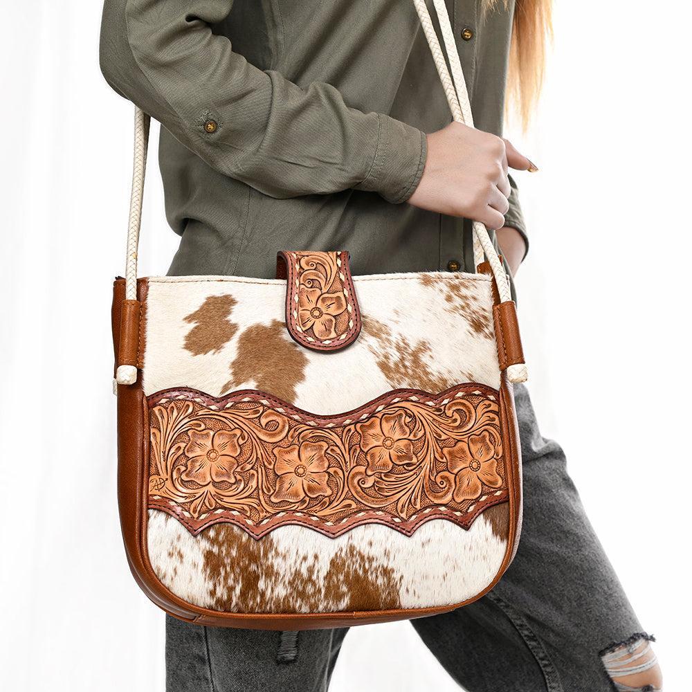 American Darling Hand-Tooled Hair-On Genuine Leather Crossbody Bag