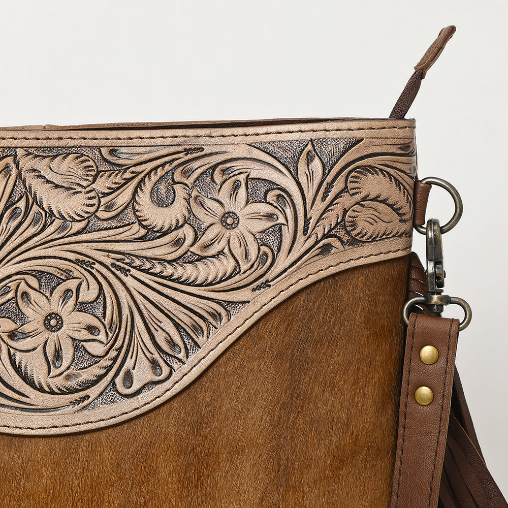 OHLAY Hand-Tooled Hair-On Leather Crossbody Bag