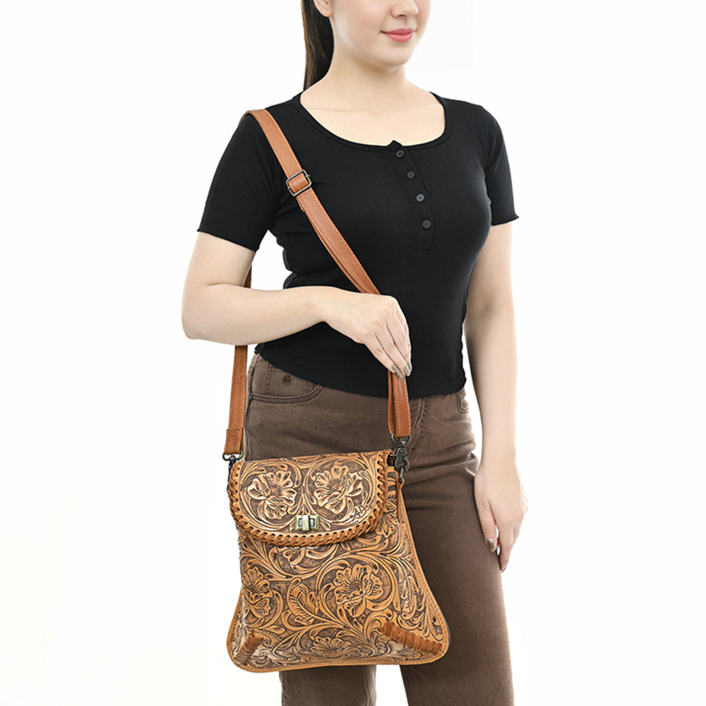 American Darling Hand-Tooled Genuine Leather Crossbody Bag | Floral Carved Full-Grain Western Purse | Everyday Leather Crossbody for Women