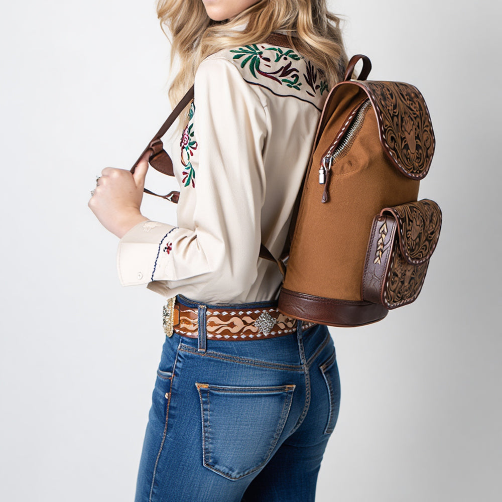 American Darling Hand-Tooled Leather Backpack Bag | Floral Carved Full-Grain Western Pack | Eco-Friendly Vegetable-Tanned Leather