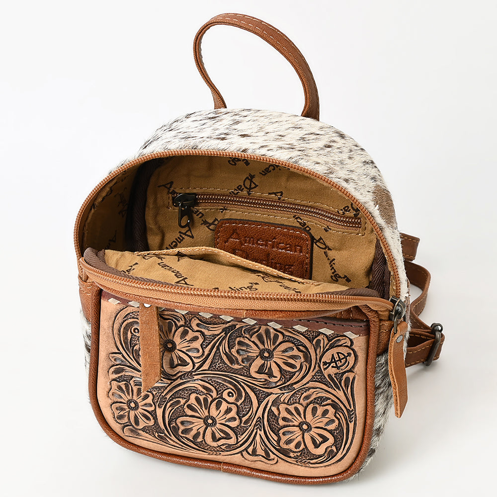 American Darling Western Leather Backpack Bag Hair-On Cowhide Hand-Tooled Floral Genuine Leather Compact Buckstitched Design