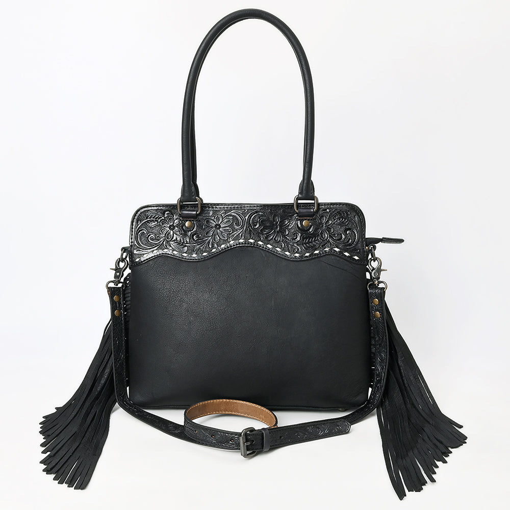 Western Leather Tote Bag with Hand-Tooled Floral Panel Buckstitched Genuine Leather Fringe Tote by American Darling