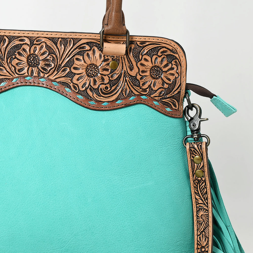 Western Leather Tote Bag with Hand-Tooled Floral Panel Buckstitched Full Grain Leather Fringe Tote by American Darling