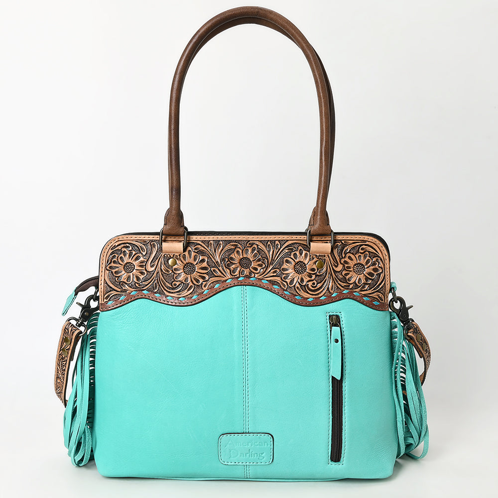 Western Leather Tote Bag with Hand-Tooled Floral Panel Buckstitched Full Grain Leather Fringe Tote by American Darling