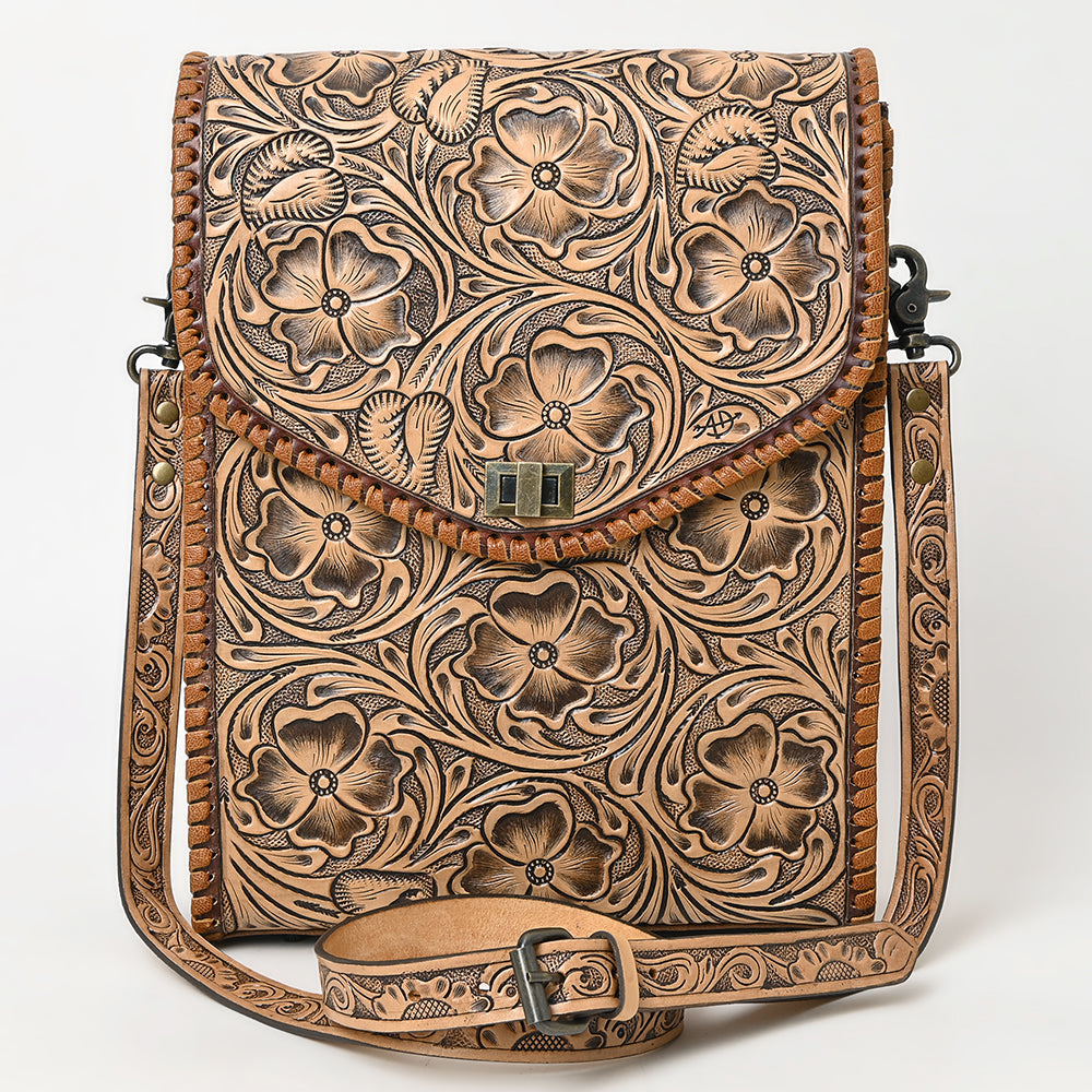Western Leather Small Cross Body Bag with Hand-Tooled Floral Carved Panel Braided Full Grain Leather by American Darling