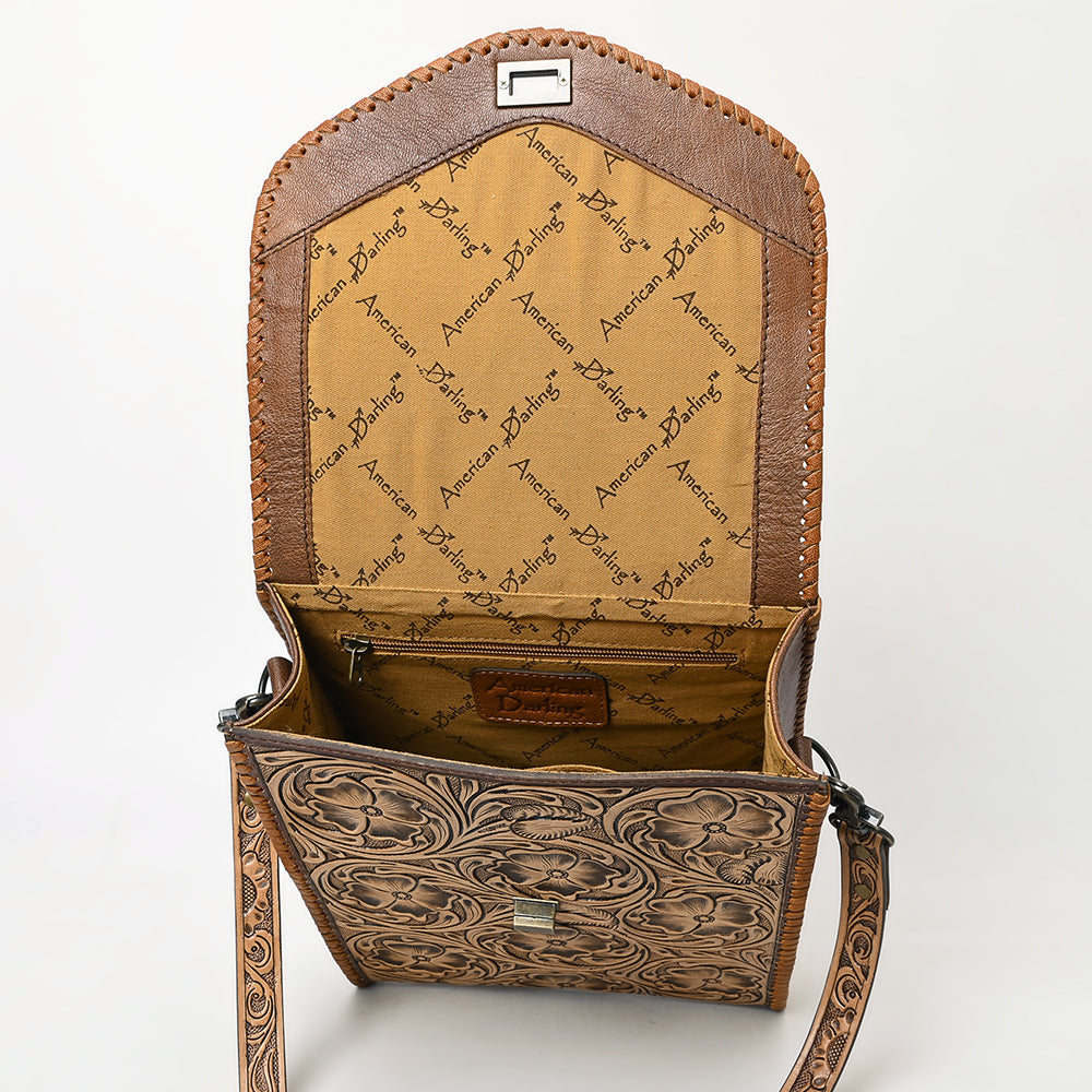 Western Leather Small Cross Body Bag with Hand-Tooled Floral Carved Panel Braided Full Grain Leather by American Darling