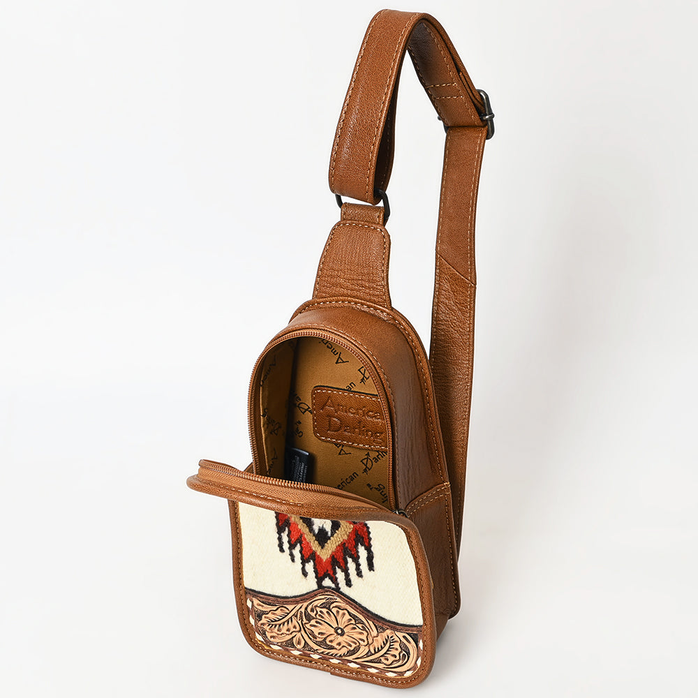 American Darling Sling Hand Tooled Upcycled Wool Genuine Leather