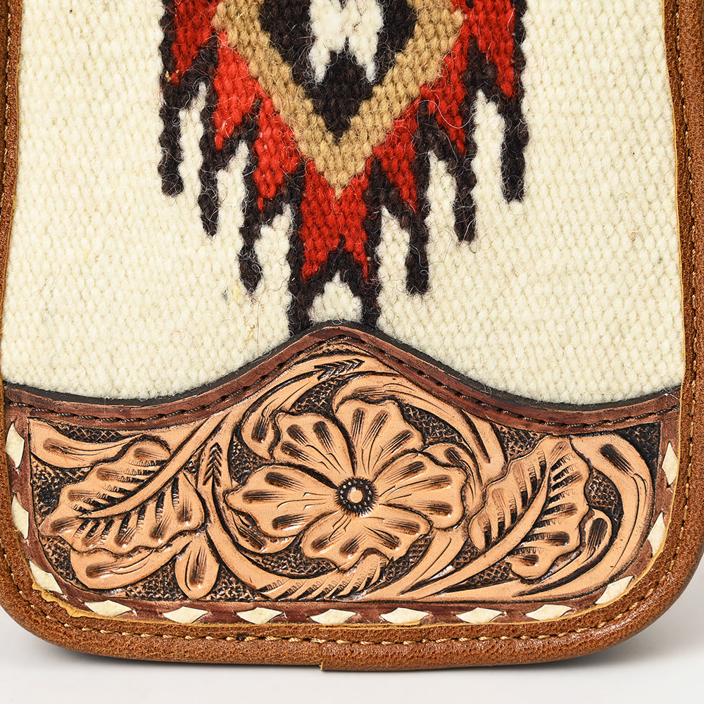 American Darling Western Leather Sling Bag with Hand-Tooled Floral Carving, Woven Saddle Blanket Panel, Adjustable Strap & Secure Storage