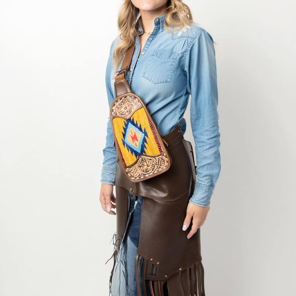 American Darling Western Leather Sling Bag with Hand-Tooled Floral Carving, Woven Saddle Blanket Panel, Adjustable Strap & Secure Storage