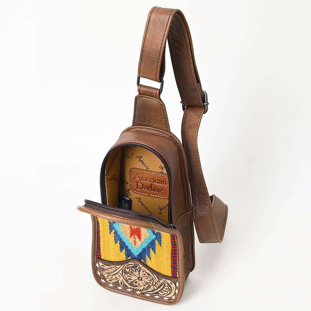 American Darling Sling Hand Tooled Upcycled Wool Genuine Leather