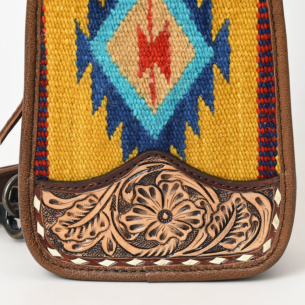 American Darling Western Leather Sling Bag with Hand-Tooled Floral Carving, Woven Saddle Blanket Panel, Adjustable Strap & Secure Storage